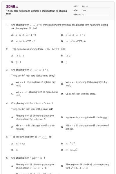 12 câu  Trắc nghiệm đề kiểm tra 3 phương trình hệ phương trình