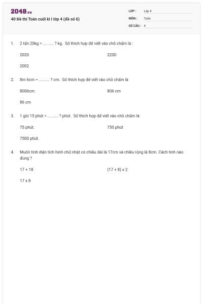 40 Đề thi Toán cuối kì I lớp 4 (đề số 6)