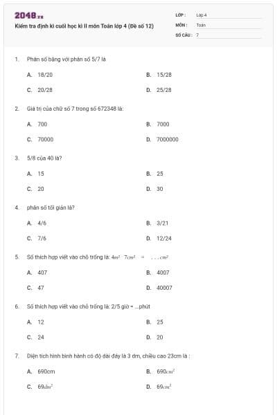 Kiểm tra định kì cuối học kì II môn Toán lớp 4 (Đề số 12)