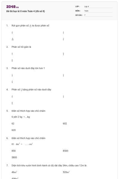 Đề thi học kì II môn Toán 4 (đề số 8)