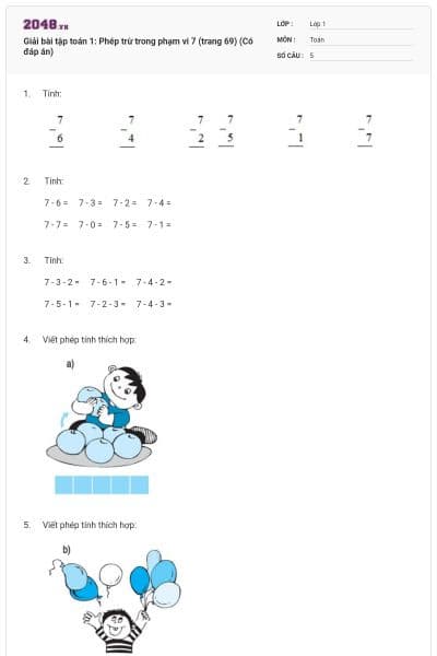 Giải bài tập toán 1: Phép trừ trong phạm vi 7 (trang 69) (Có đáp án)
