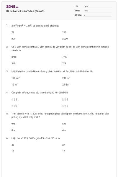Đề thi học kì II môn Toán 4 (đề số 9)