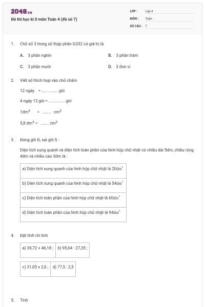 Đề thi học kì II môn Toán 4 (đề số 7)