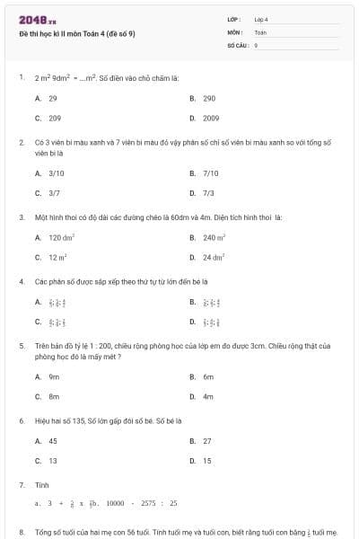 Đề thi học kì II môn Toán 4 (đề số 9)