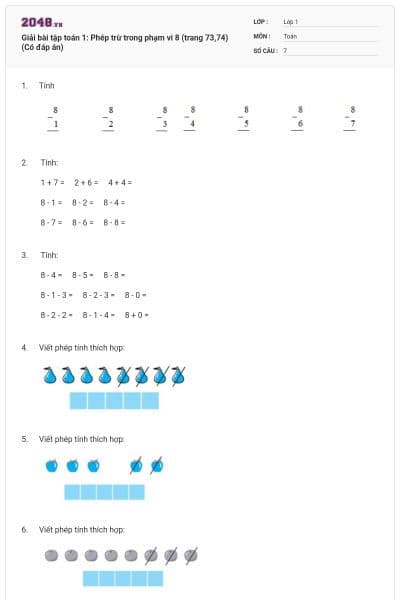 Giải bài tập toán 1: Phép trừ trong phạm vi 8 (trang 73,74) (Có đáp án)