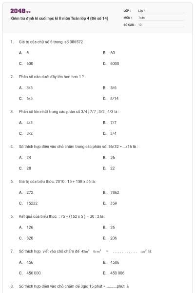 Kiểm tra định kì cuối học kì II môn Toán lớp 4 (Đề số 14)