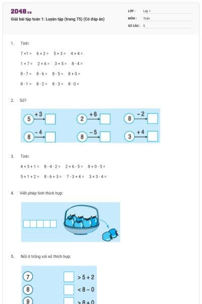 Giải bài tập toán 1: Luyện tập (trang 75) (Có đáp án)