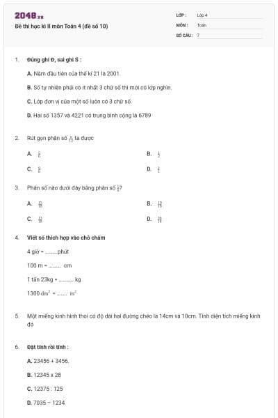 Đề thi học kì II môn Toán 4 (đề số 10)