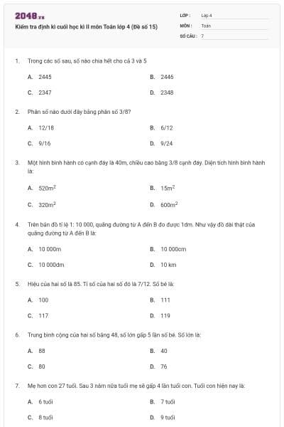 Kiểm tra định kì cuối học kì II môn Toán lớp 4 (Đề số 15)