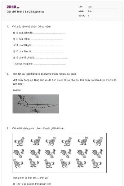Giải VBT Toán 3 Bài 25: Luyện tập
