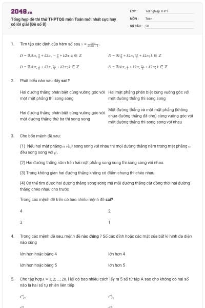 Tổng hợp đề thi thử THPTQG môn Toán mới nhất cực hay có lời giải (Đề số 8)
