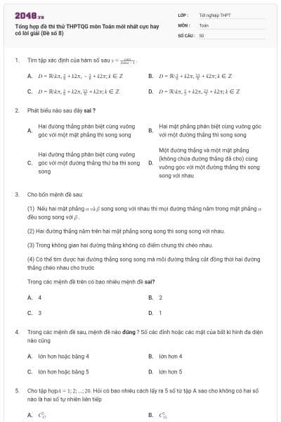 Tổng hợp đề thi thử THPTQG môn Toán mới nhất cực hay có lời giải (Đề số 8)