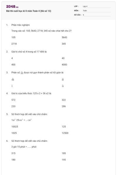 Bài thi cuối học kì II môn Toán 4 (Đề số 13)