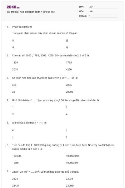 Bài thi cuối học kì II môn Toán 4 (Đề số 15)