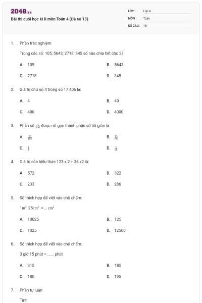 Bài thi cuối học kì II môn Toán 4 (Đề số 13)