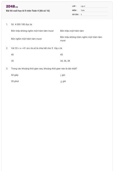 Bài thi cuối học kì II môn Toán 4 (Đề số 16)