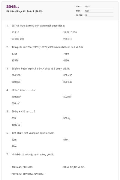 Đề thi cuối học kì I Toán 4 (đề 29)