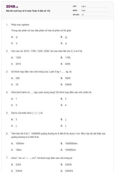Bài thi cuối học kì II môn Toán 4 (Đề số 15)