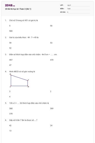 20 Đề thi học kì I Toán 3 (Đề 1)