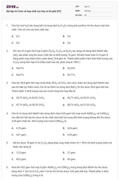Bài tập về Crom và hợp chất cực hay có lời giải (P3)