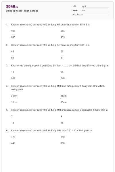 20 Đề thi học kì I Toán 3 (Đề 2)