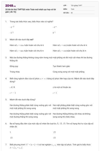 20 Đề thi thử THPTQG môn Toán mới nhất cực hay có lời giải ( đề 16)
