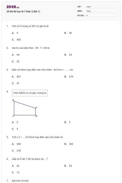 20 Đề thi học kì I Toán 3 (Đề 1)