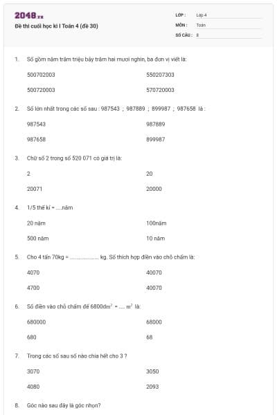 Đề thi cuối học kì I Toán 4 (đề 30)
