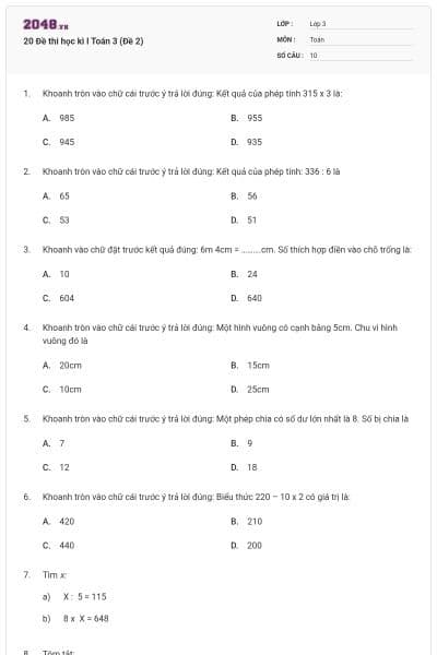20 Đề thi học kì I Toán 3 (Đề 2)