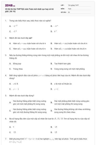 20 Đề thi thử THPTQG môn Toán mới nhất cực hay có lời giải ( đề 16)