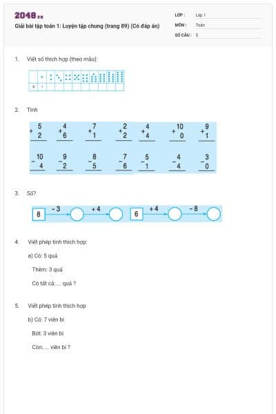 Giải bài tập toán 1: Luyện tập chung (trang 89) (Có đáp án)