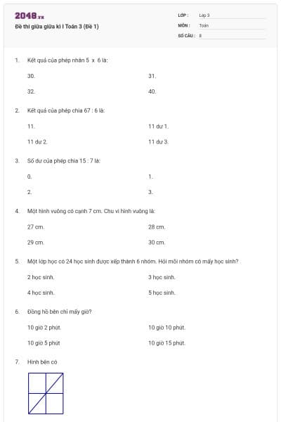 Đề thi giữa giữa kì I Toán 3 (Đề 1)