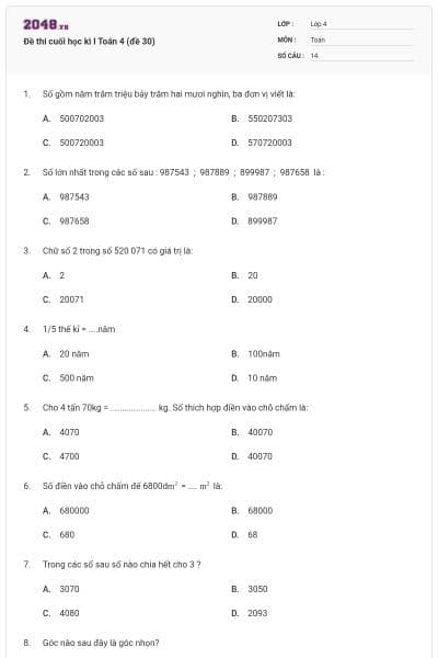 Đề thi cuối học kì I Toán 4 (đề 30)
