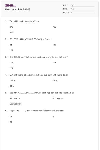 Đề thi học kì I Toán 3 (Đề 1)