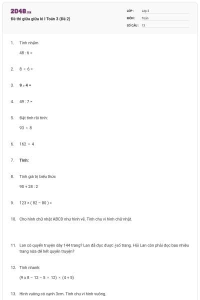 Đề thi giữa giữa kì I Toán 3 (Đề 2)