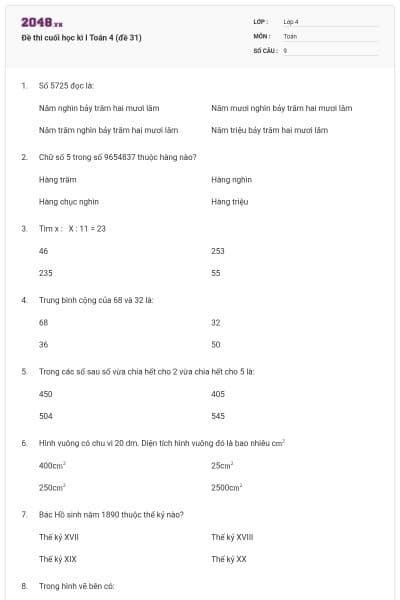 Đề thi cuối học kì I Toán 4 (đề 31)