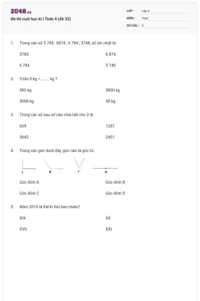 Đề thi cuối học kì I Toán 4 (đề 32)