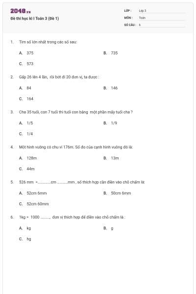 Đề thi học kì I Toán 3 (Đề 1)