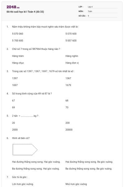 Đề thi cuối học kì I Toán 4 (đề 33)