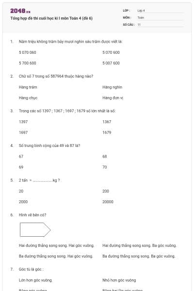 Tổng hợp đề thi cuối học kì I môn Toán 4 (đề 6)