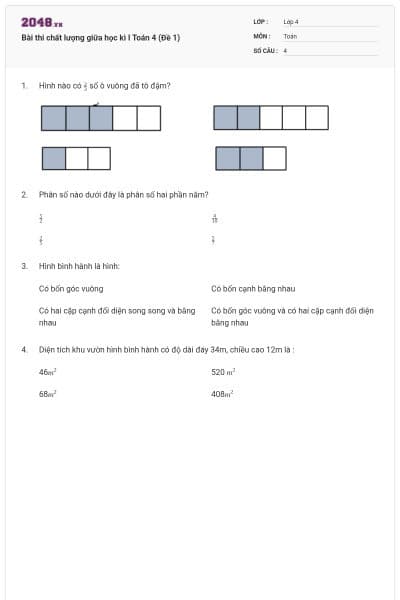Bài thi chất lượng giữa học kì I Toán 4 (Đề 1)