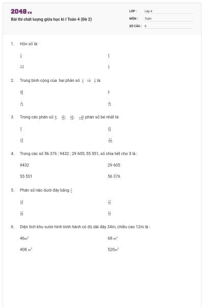 Bài thi chất lượng giữa học kì I Toán 4 (Đề 2)