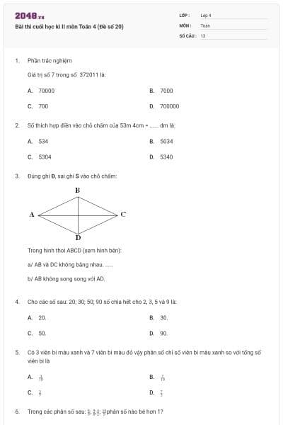 Bài thi cuối học kì II môn Toán 4 (Đề số 20)
