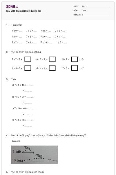 Giải VBT Toán 3 Bài 31: Luyện tập