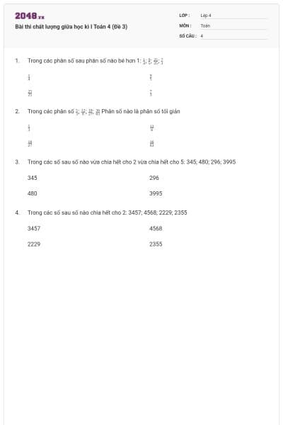 Bài thi chất lượng giữa học kì I Toán 4 (Đề 3)