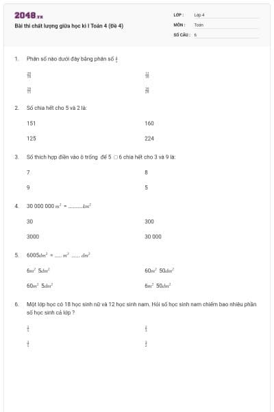 Bài thi chất lượng giữa học kì I Toán 4 (Đề 4)