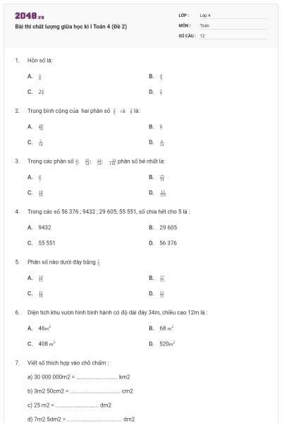 Bài thi chất lượng giữa học kì I Toán 4 (Đề 2)
