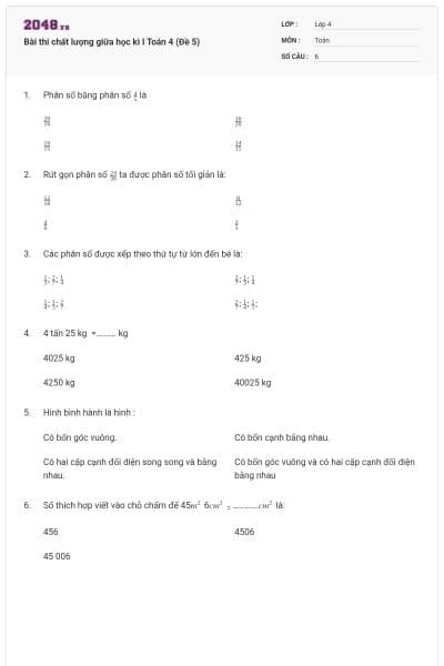 Bài thi chất lượng giữa học kì I Toán 4 (Đề 5)
