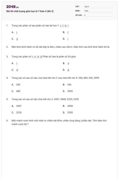 Bài thi chất lượng giữa học kì I Toán 4 (Đề 3)