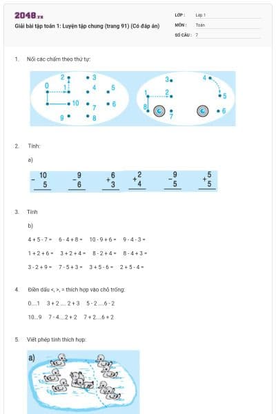 Giải bài tập toán 1: Luyện tập chung (trang 91) (Có đáp án)